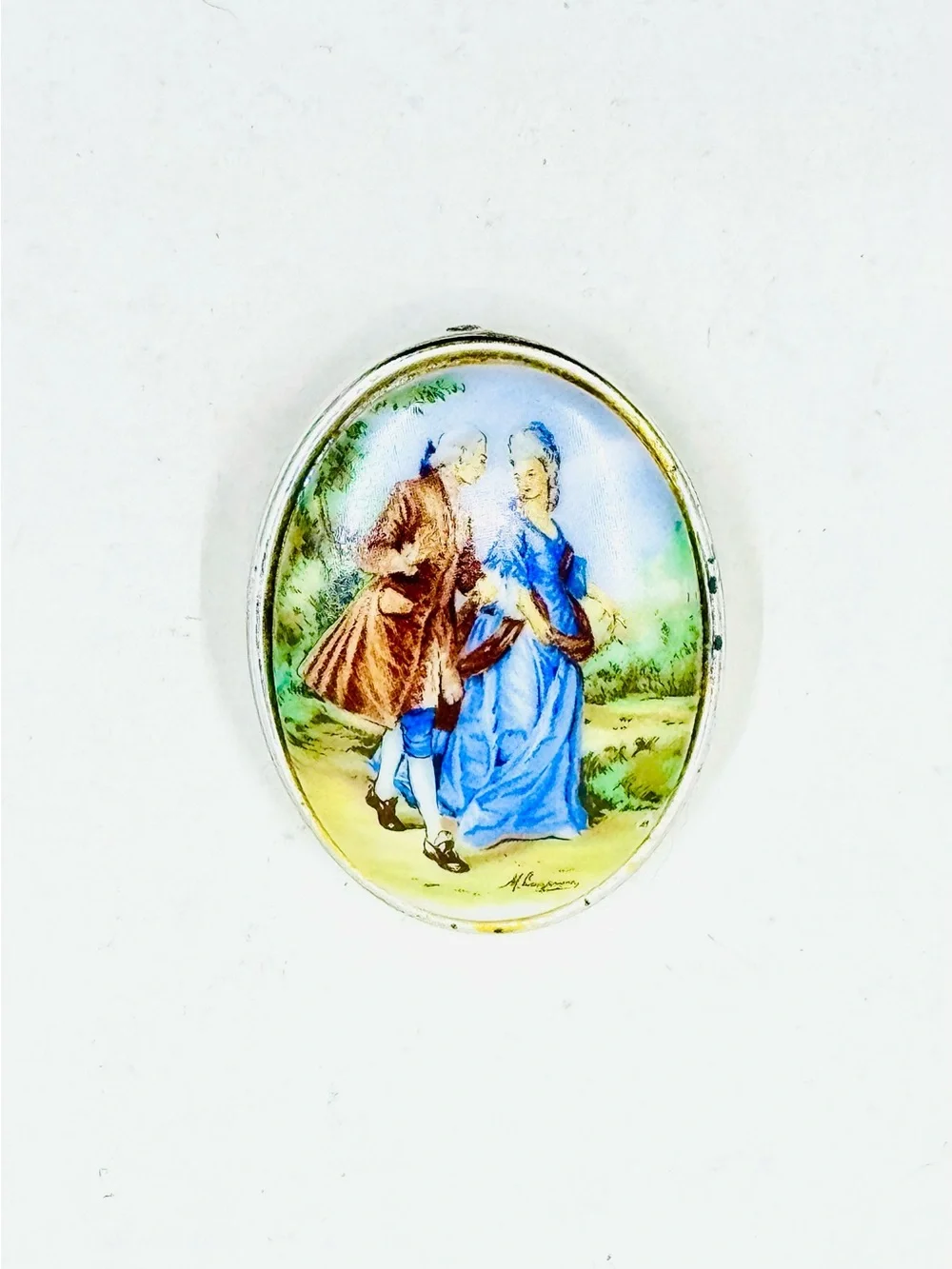 Vintage Signed Western Germany Hand-Painted Porcelain Courting Couple Brooch